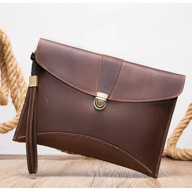 

Men Hand Bag Genuine Leather Document bag for men male leather clutch phone mini ipad envelope with wristband Wallet