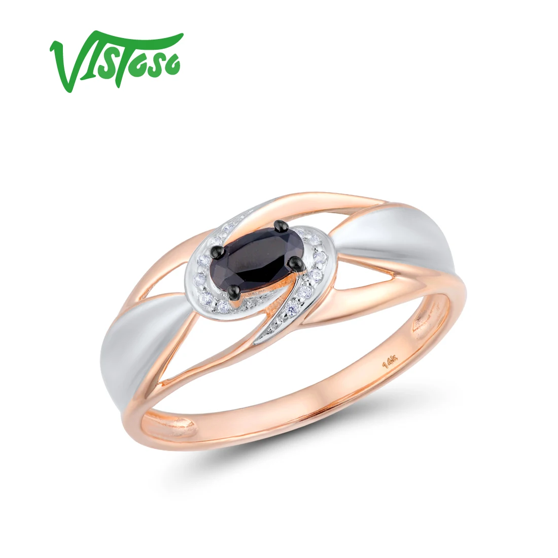 

VISTOSO Genuine Solitaire 14K 585 Rose Gold Ring For Women Diamond Black Sapphire Wedding Anniversary Fine Fashion Jewelry
