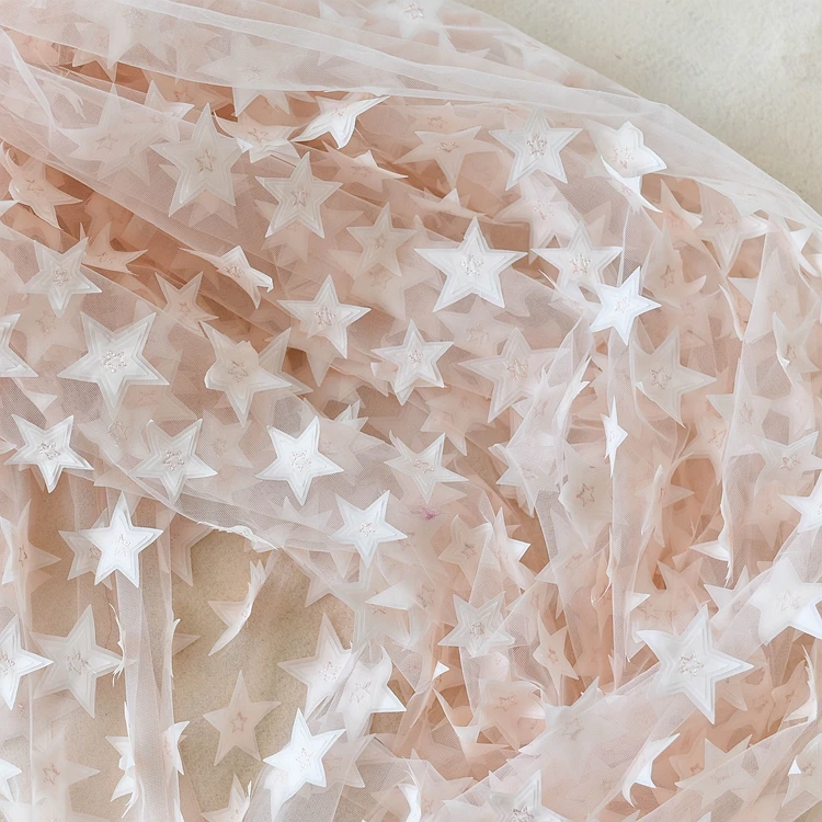 

3d star ligth pink mesh embroidery lace fabric Wedding Dress Tulle Skirt Material fabrics for patchwork kumas telas por metros