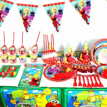 세서미 스트리트 만화 파티 장식 식기 종이 접시 컵 빨대, 베이비 샤워 풍선, 어린이 생일 파티 용품