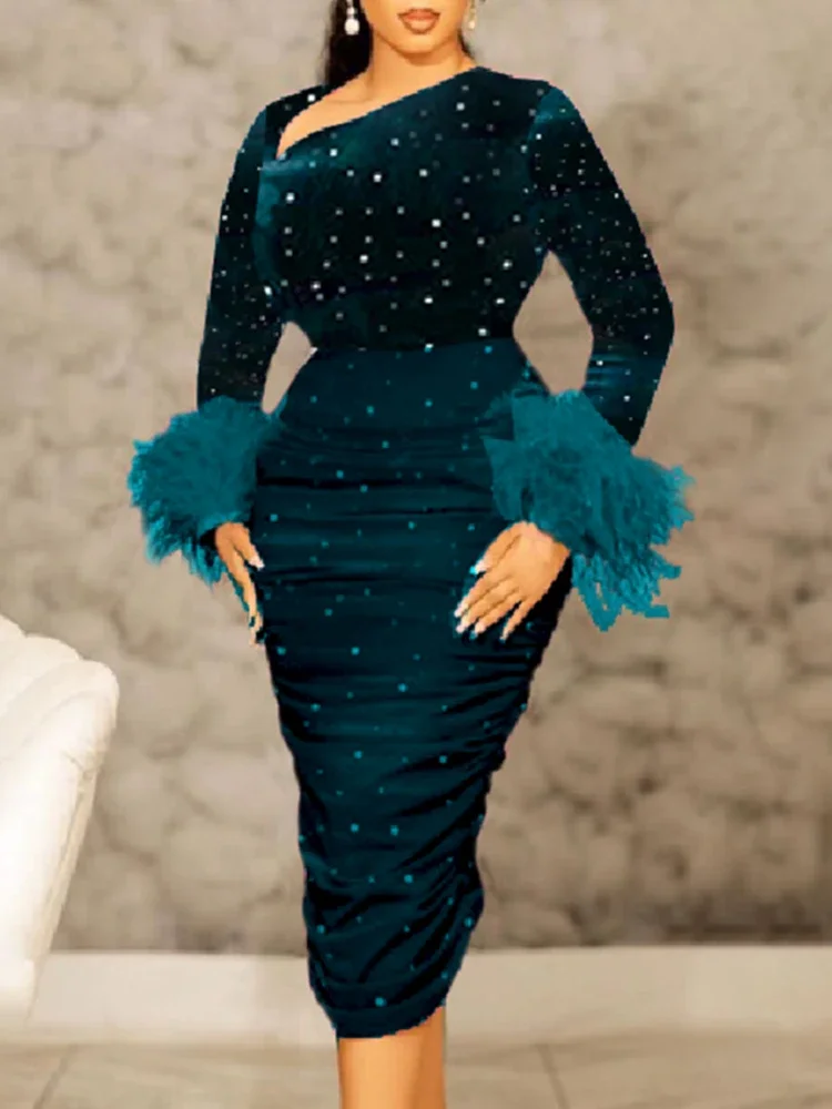 Women Velvet Dress Shiny Sequined Feather Formal Occasion Party Long Sleeves Skew Collar Bodycon Celebrate Event Plus Size 4XL
Women Velvet Dress Shiny Sequined Feather Formal Occasion Party Long Sleeves Skew Collar Bodycon Celebrate Event Plus Size 4XL