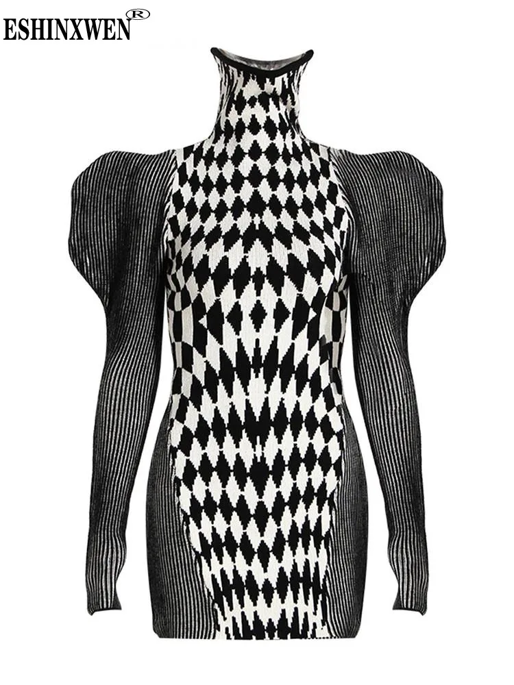 

Eshin Colorblock Casual Mini Knitting Dresses For Women Turtleneck Puff Sleeve High Waist Bodycon Dress 2023 Female New H5845