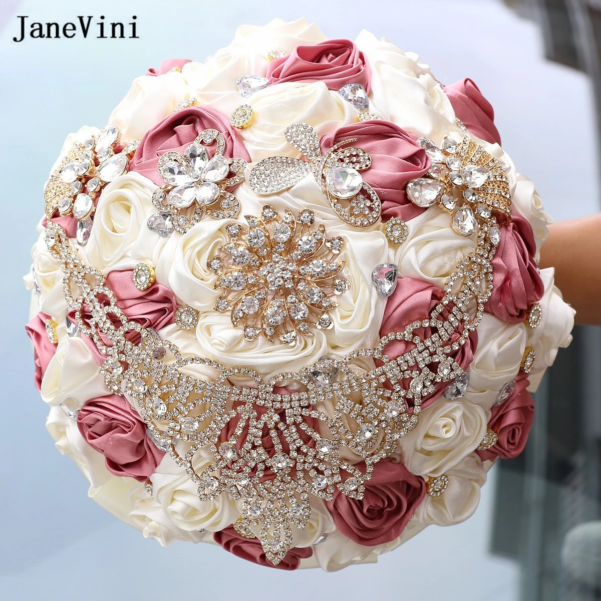 

JaneVini Elegant Dusty Pink Ivory Flowers Bridal Bouquets Sparkly Crystal Artificial Satin Roses Wedding Bouquet Ramo De Novia