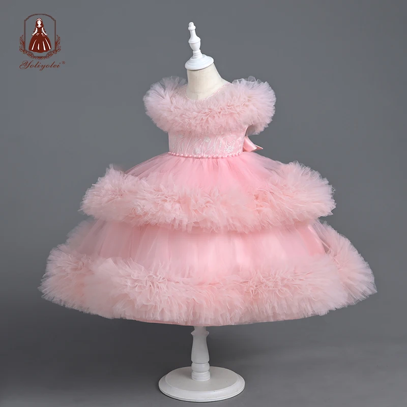 

Yoliyolei Fluffy Collar Formal Party Dress For Girls Children Costume Princess Dresses Girl Dress Elegant Tulle Wedding Gown
