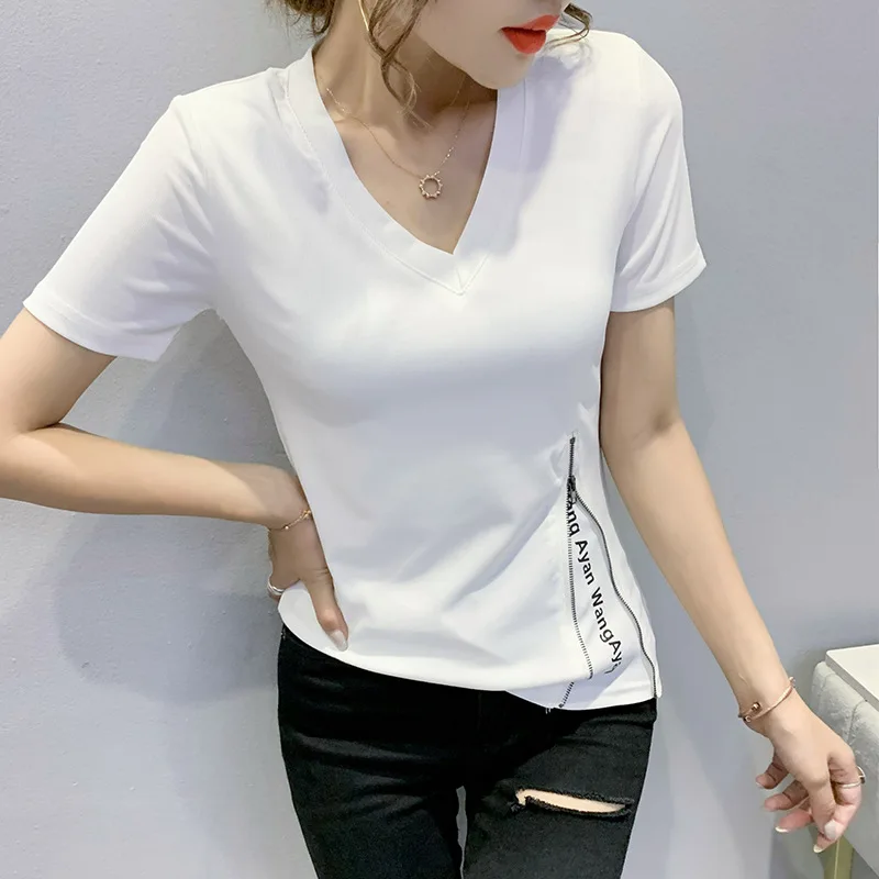 2022 Summer New Irregular Zipper Letter Printing V-neck Short-sleeved T-shirt Women's Slim Slim Design Top
2022 Summer New Irregular Zipper Letter Printing V-neck Short-sleeved T-shirt Women's Slim Slim Design Top