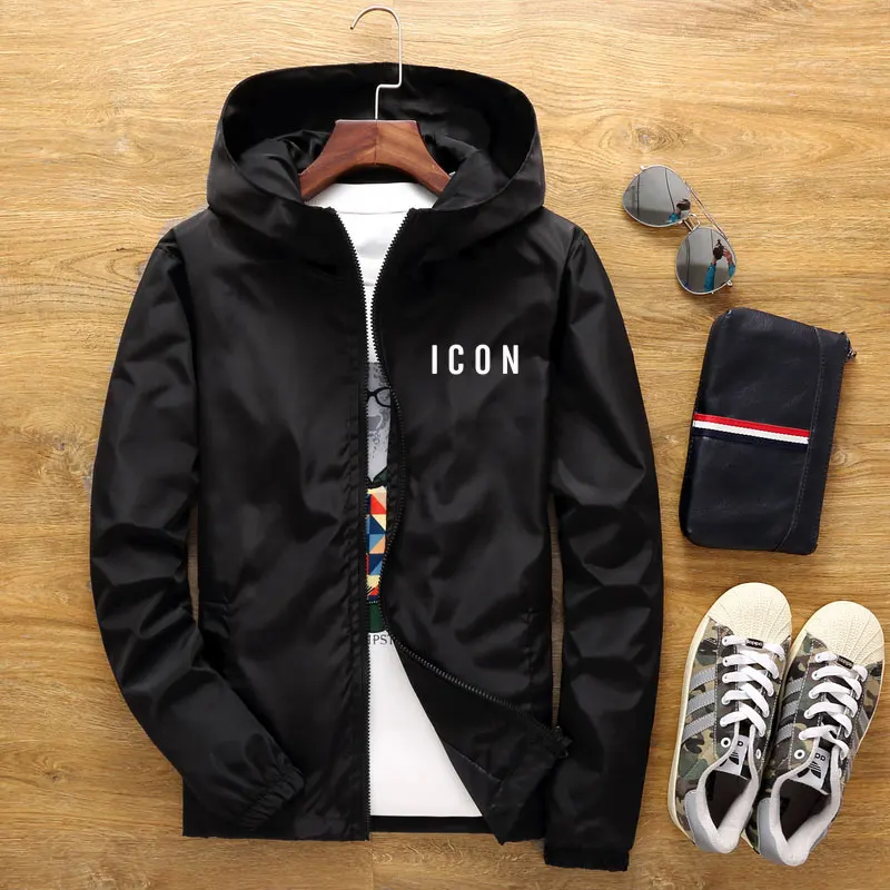 

ICON new men's casual hooded bomber jacket spring and autumn hip-hop plus size windbreaker sportswear zipper jacket men's jacket