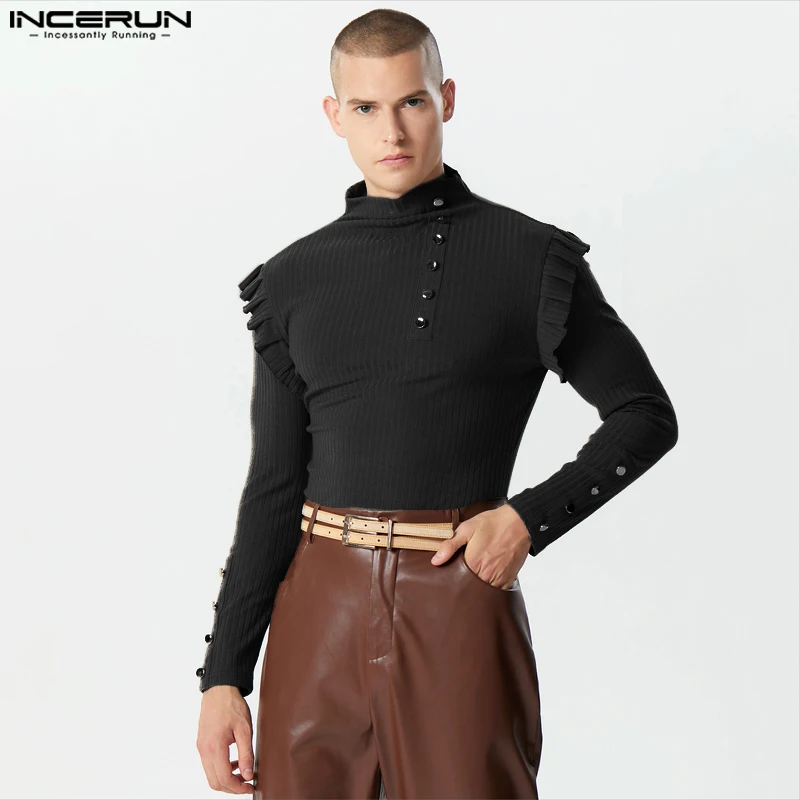 

INCERUN Tops 2023 Handsome New Mens Flounce Metal Buckle Pullover Fashion Half High Collar Pit Stripe Long Sleeved Sweater S-5XL
