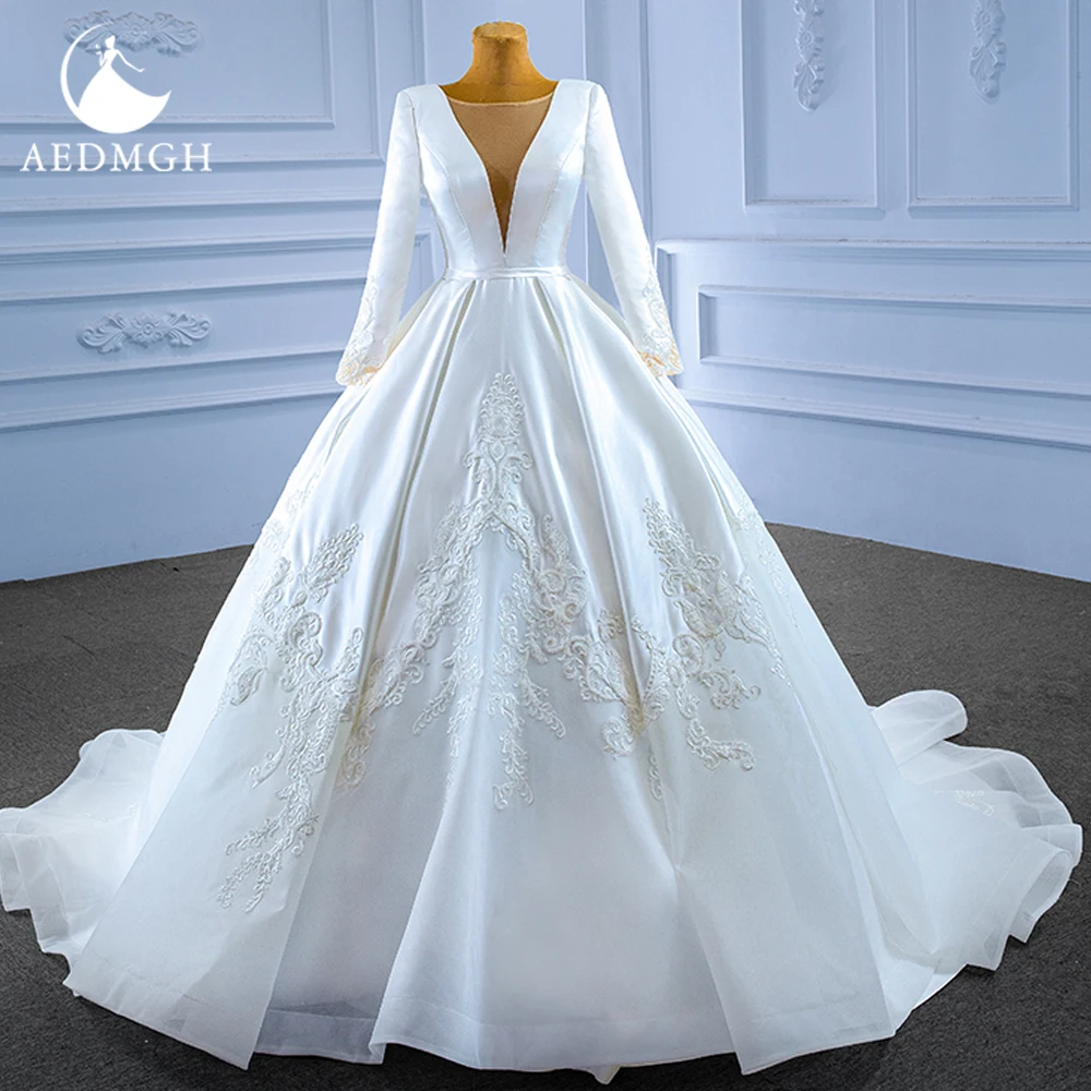 

Aedmgh A-Line Vintage Wedding Dresses 2024 V-Neck Long Sleeve Vestido De Novia Glamorous Appliques Satin Classic Robe De Mariee