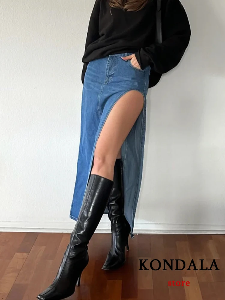 

Уличная одежда KONDALA, сексуальные длинные джинсовые юбки с Боковым Разрезом, женские Облегающие юбки с высокой талией и молнией, модные летние женские платья 2023 года