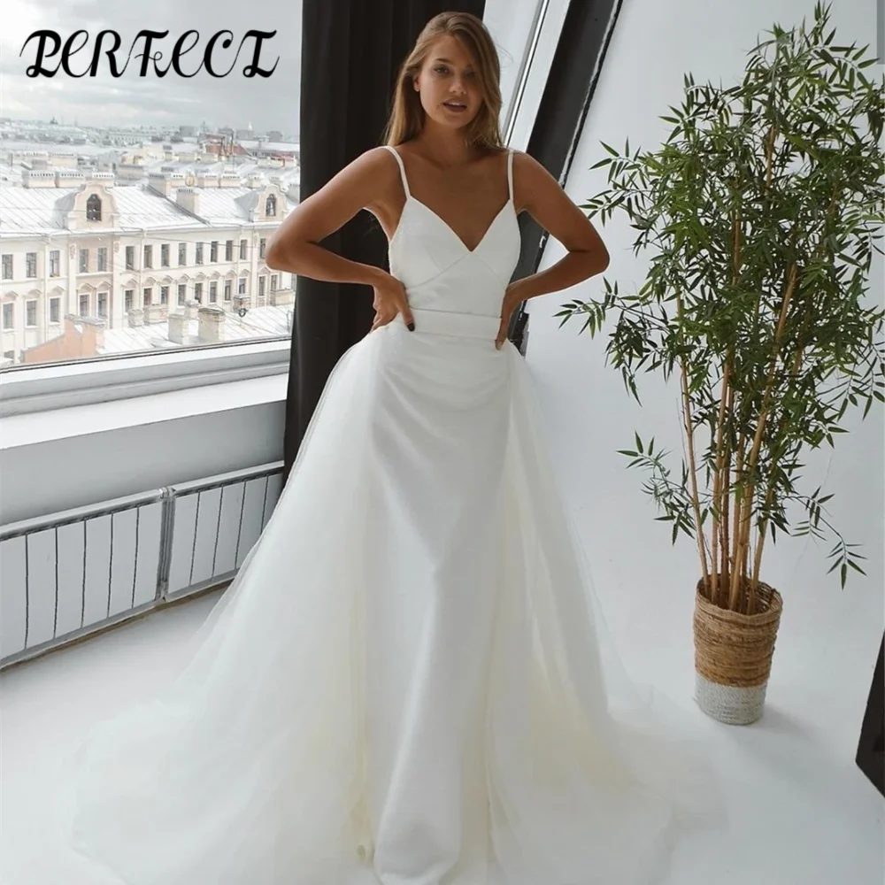 PERFECT Sexy Spaghetti Straps V-Neck A-Line Spandex Wedding Dress For Bride Backless Detachable Tulle Train Vestido De Novia
PERFECT Sexy Spaghetti Straps V-Neck A-Line Spandex Wedding Dress For Bride Backless Detachable Tulle Train Vestido De Novia