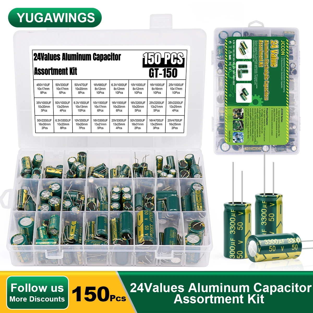 

150Pcs Yugawings Electrolytic Capacitor Assortment Kit 24Values Capacitors Kit 330UF 470UF 680UF 1000UF 2200UF 3300UF 4700UF