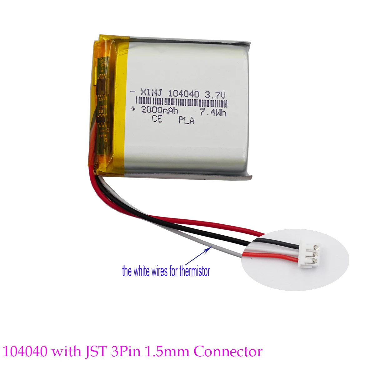

3.7V 2000mAh 7.4Wh Li-Polymer Li Lipo Battery NTC Thermistor 3 Wires 3Pin 1.5mm JST Connector 104040 For GPS DashCam Tablet PC