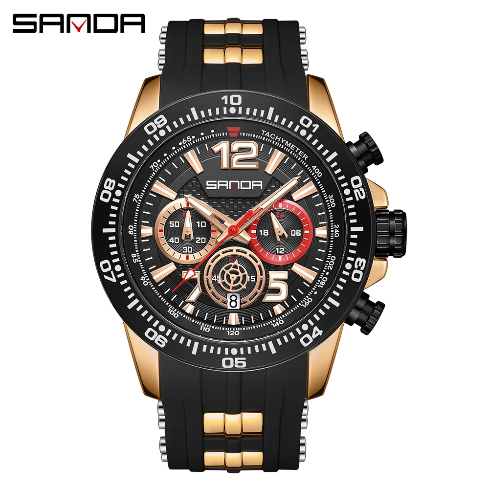 

SANDA 5504 Fashion Dazzling Cool Quartz Wristwatch Waterproof Stopwatch Round Dial Design Date Fluorescence Men Watch