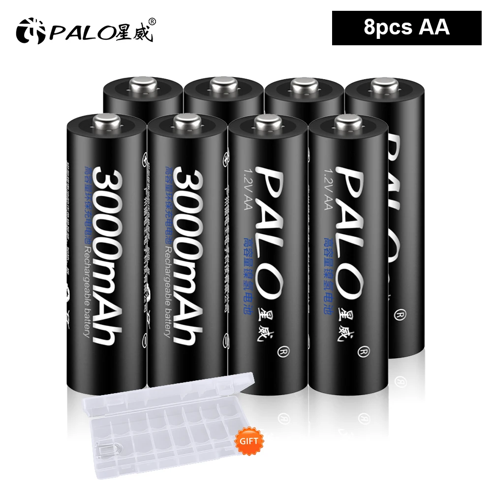 

8pcs PALO AA Rechargeable Battery NiMH 1.2V 3000mAh Ni-MH 2A Pre-charged Bateria Low Self Discharge AA Batteries