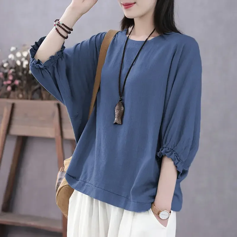 

2023 Spring and Summer Women's New Solid Commuter Top Round Neck Bat Sleeve Casual Comfortable Versatile 5/4 Sleeve Top