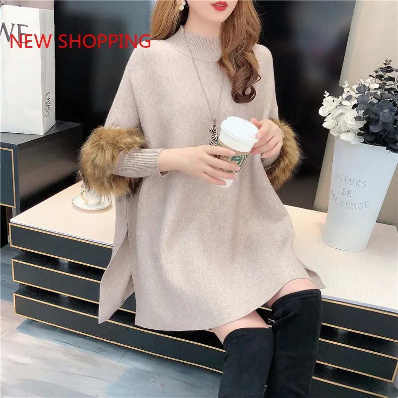 

Autumn Winter Thick Knitted Sweater Women's Cloak Shawl Bat Shirt New Pullover High Neck Loose Sweater Poncho Christmas Tops Red