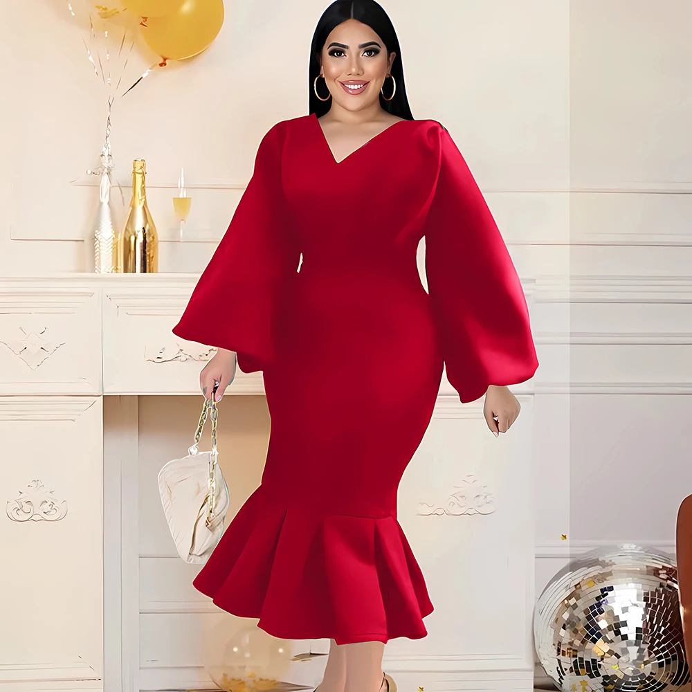 Office Ladies Long Lantern Sleeve V Neck Ruffles Bodycon Dress Evening Party Dress Women Elegant Vintage Long Mermaid Dress 2024
Office Ladies Long Lantern Sleeve V Neck Ruffles Bodycon Dress Evening Party Dress Women Elegant Vintage Long Mermaid Dress 2024