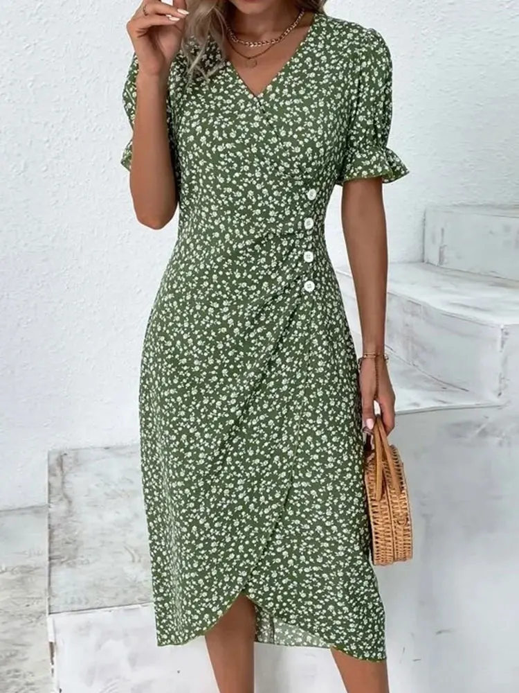 

New 2023 Summer Ditsy Floral Ruched Button Wrap Irregular Hem Puff Sleeve Midi Dress Print Elastic Short Skirt for Women