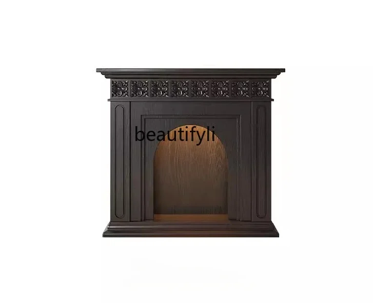 

French Fireplace Curio Cabinet Living Room American Solid Wood Black Color with Carved Flower Entrance Cabinet Storage Cabinet