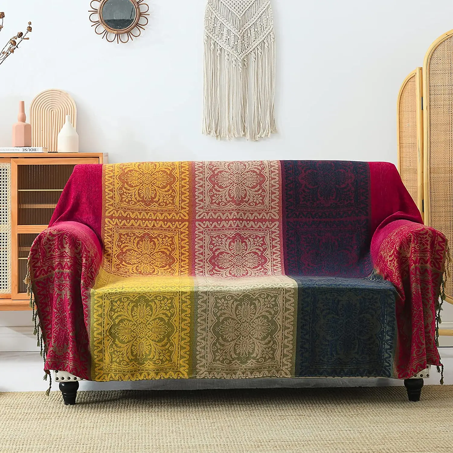 

Boho Colorful Tribal Woven Chenille Jacquard Throw Blanket wiz Tassel, Bohemian Hippie Decor for Bed Sofa Loveseat Recliner