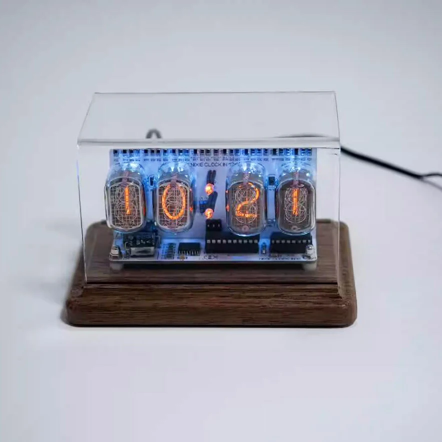

4-bit IN12 Glow Tube Clock Module Nixie Clock Audio Accessories with Backlight Clock and Solid Wood Base