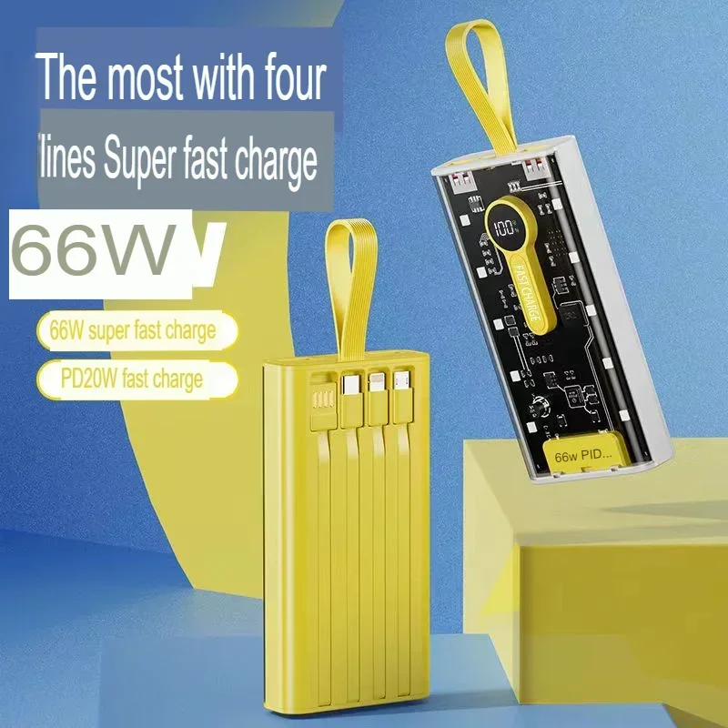 

66W super fast power bank with built-in cable 50000mAh large capacity gift transparent mobile power supply