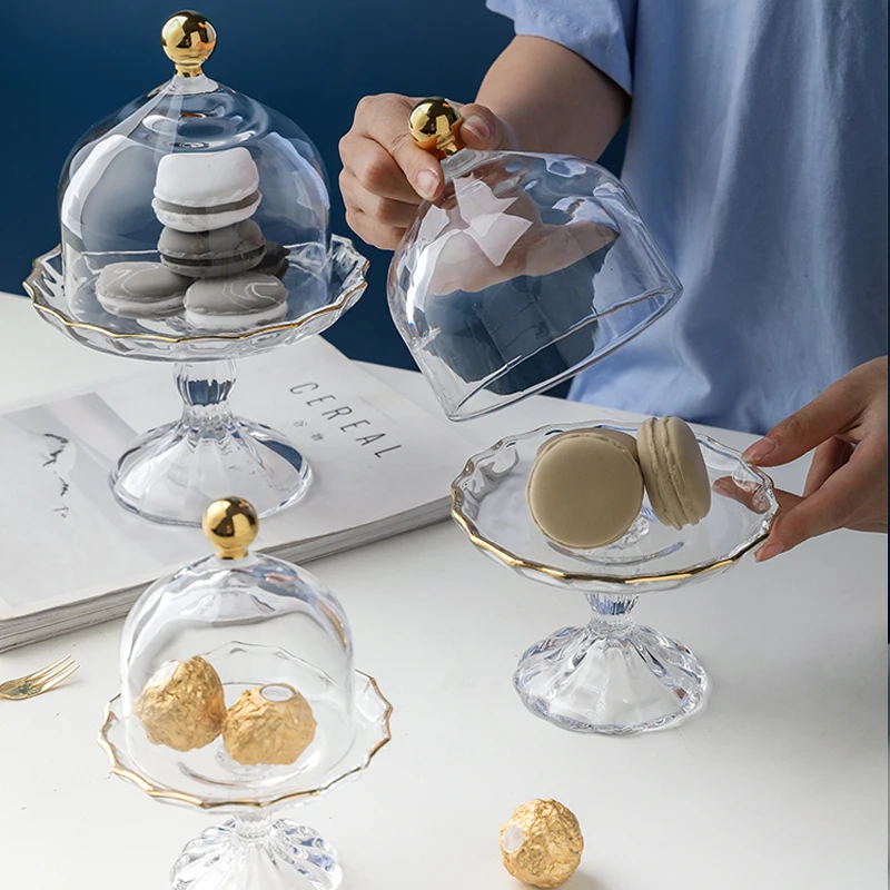 

Dustproof Glass Dessert Cover Household Light Luxury Golden Edge Cake Stand Transparent Food Cover Creative Tall Tray