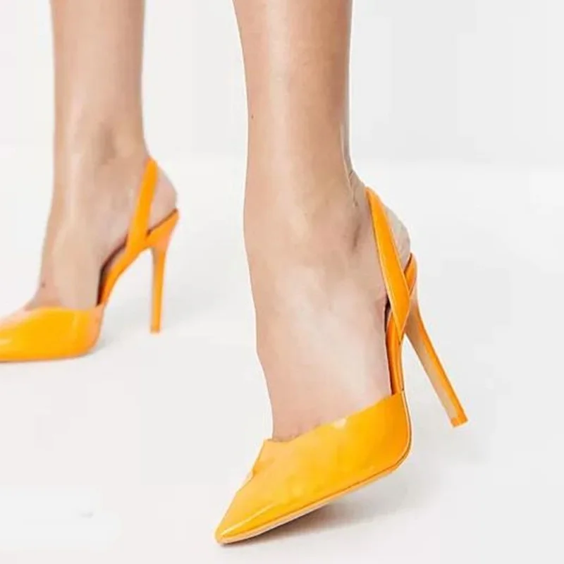 

Yellow Patent Leather Pointy Toe Stiletto Prom Heel Pumps 8CM 10CM 12CM Shallow Slingback Shoes Plus Size12 Banquet Dress Shoes