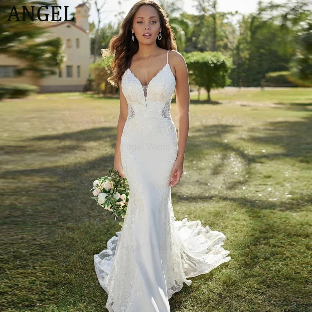 ANGEL Simple Lace Tulle Mermaid Wedding Dress Sexy V-Neck Spaghetti Straps Sleeveless Appliques Button Backless Bridal Gown
ANGEL Simple Lace Tulle Mermaid Wedding Dress Sexy V-Neck Spaghetti Straps Sleeveless Appliques Button Backless Bridal Gown