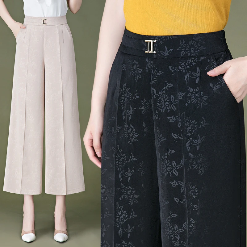 

Spring New Slim Versatile Loose Wide Leg Pants Middle Aged Women's Elastic High Waist Patchwork Pockets Casual Straight Trousers