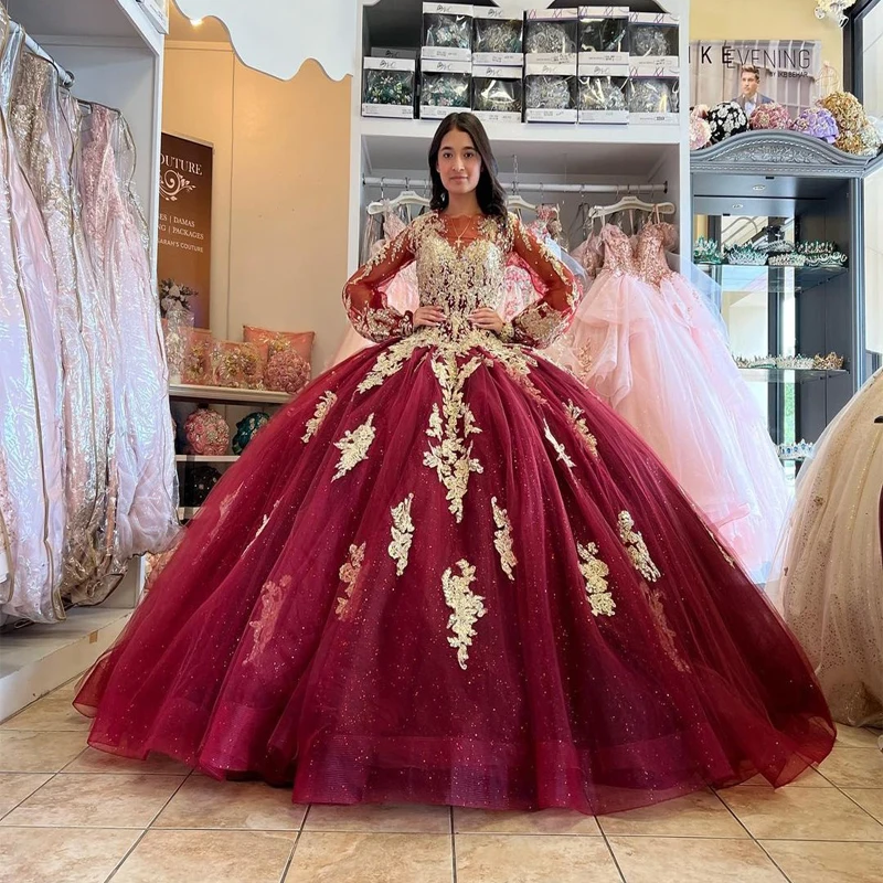

VD Burgundy Quinceanera Dresses O-Neck Ball Gown Sweetheart Lace Beading Party Princess Sweet 16 Dress Tulle Lace-Up Backless