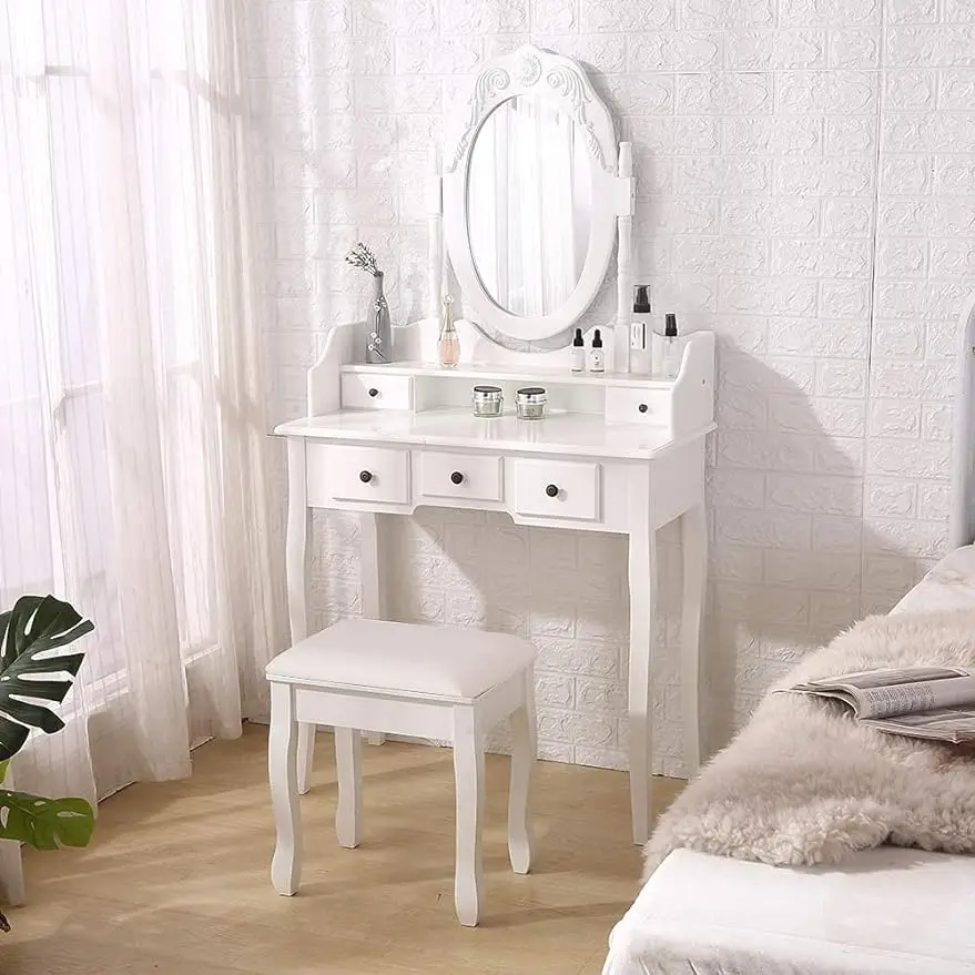 Vanity Mirror Table Set, Makeup Desk Vanity with Stool, Vintage Bedroom Vanity Lots Storage Dressing Table White for Women
Vanity Mirror Table Set, Makeup Desk Vanity with Stool, Vintage Bedroom Vanity Lots Storage Dressing Table White for Women
