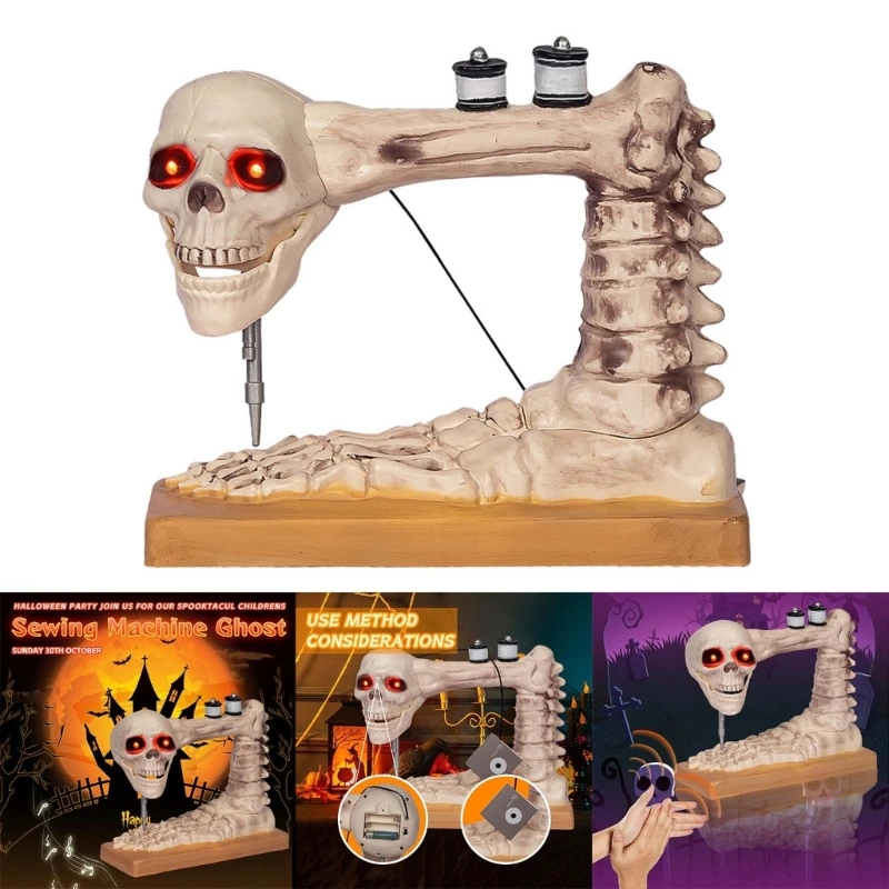 

Voice Controlled Skeleton Sewing Machine Figurine Perfect Halloween Decoration for Craft Lover for Spooky Event