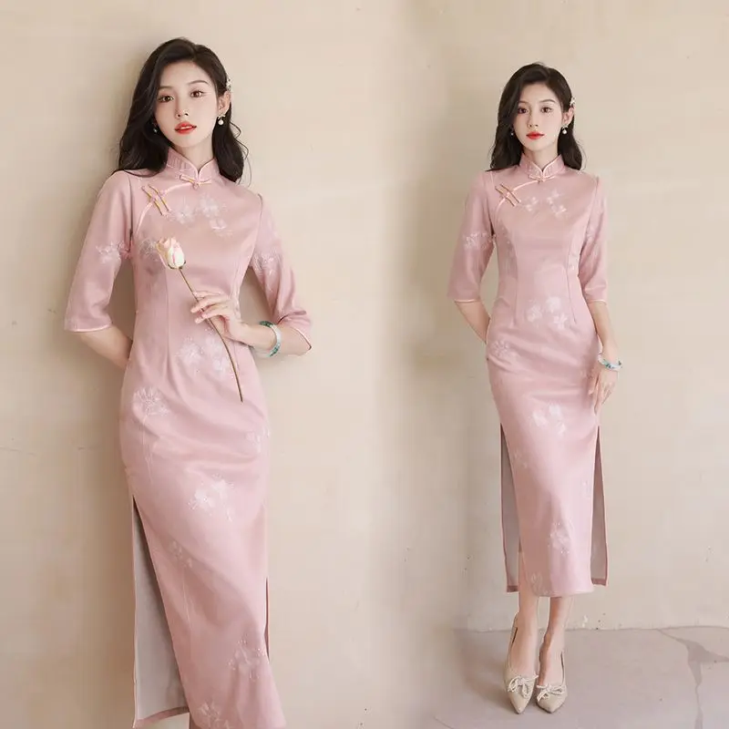 

Cheongsam Dress Modern Qipao Traditional Chinese Clothing for Women 2024 Spring New Pink Long Autumn Winter Dress