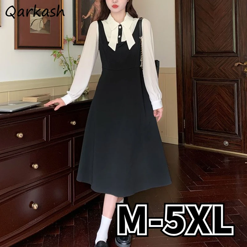 

Midi Dress Women Temper Fake 2 Pcs Aesthetic Preppy Style Autumn Panelled Vintage Vacation Vestidos Minority Daily Lady Mature