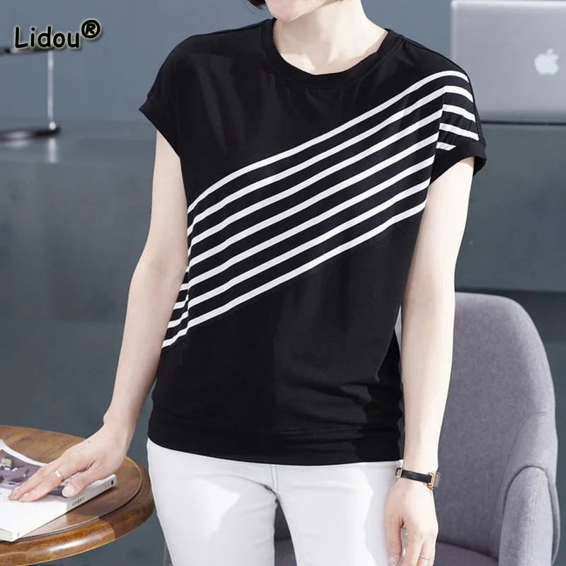 

Casual Crew Neck White Stripe Printed Short Sleeve T-Shirt Fashion Batwing Sleeve Loose Pullover Summer Clothes for Women Tops