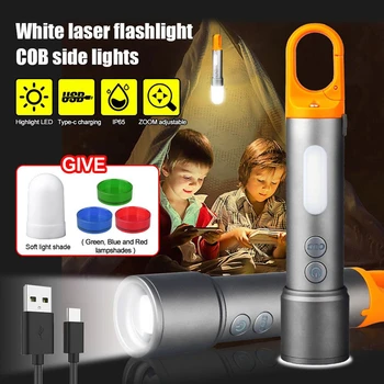 2000LM Long Distance 800M Powerful Flashlight White Laser LED Torch USB-C Rechargeable Zoom Portable Spotlights for Camp Hiking