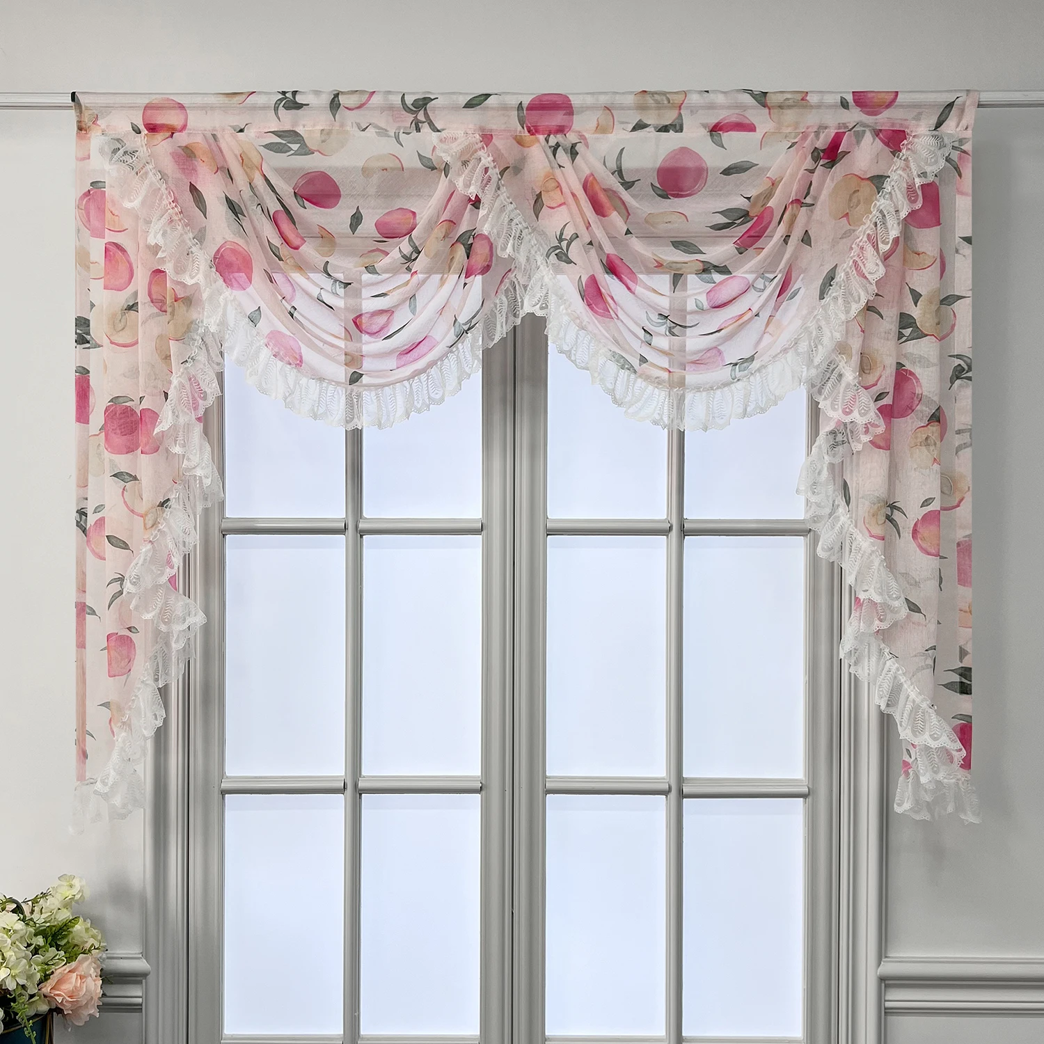 Rustic Fruit Print Wave Curtain Valance with White Lace Ruffle Curtain for Living Room,Kitchen Window Swag Curtain Heads
Rustic Fruit Print Wave Curtain Valance with White Lace Ruffle Curtain for Living Room,Kitchen Window Swag Curtain Heads