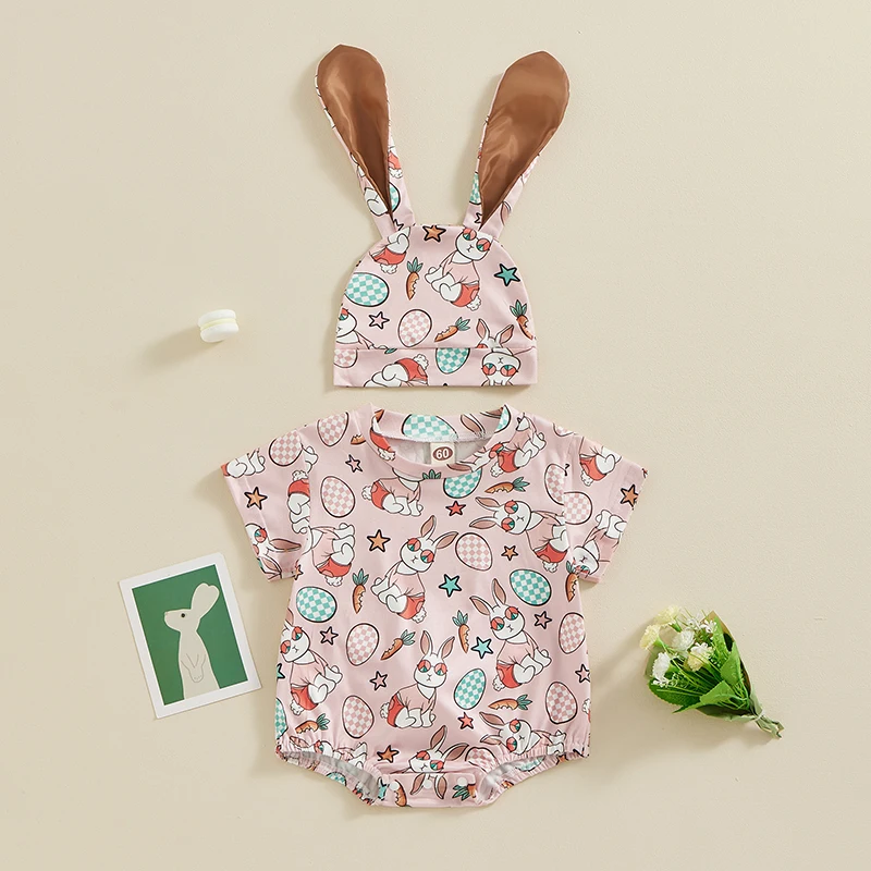 

Baby Girls Boys Easter Romper Short Sleeve Crew Neck Carrot Bunny Egg Print Casual Romper with Hat