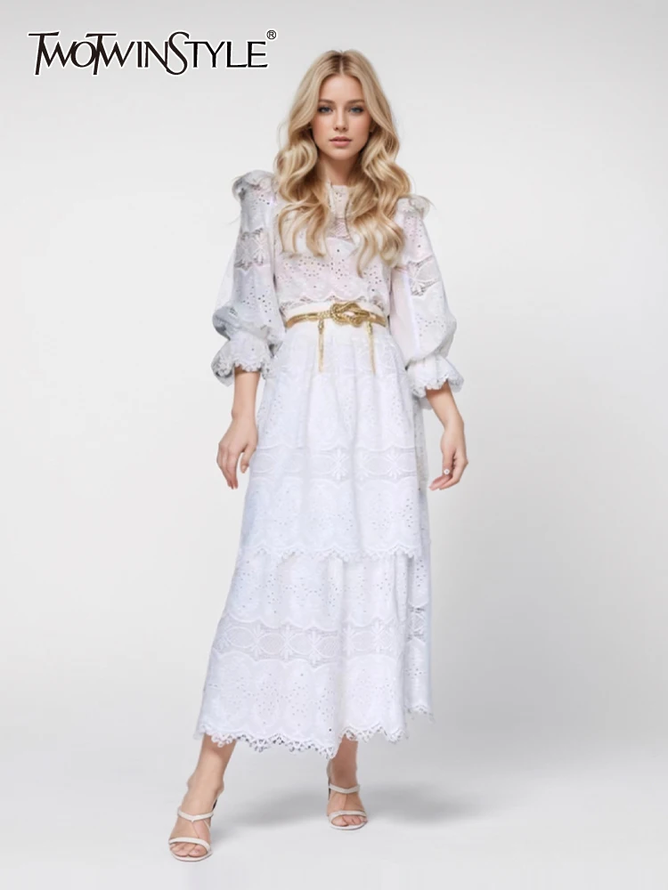 TWOTWINSTYLE Solid Hollow Out Two Piece Set For Women Round Neck Long Sleeve Top High Waist Skirt Chic Sets Female Fashion New
TWOTWINSTYLE Solid Hollow Out Two Piece Set For Women Round Neck Long Sleeve Top High Waist Skirt Chic Sets Female Fashion New