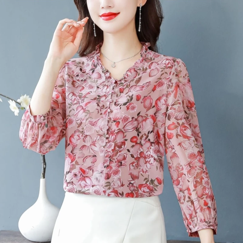 

2024 Summer New Fashion Age Reducing Top Women's Chiffon Fragmented Flower Thin Shirt Western Loose Style Casual Fashion Shirt