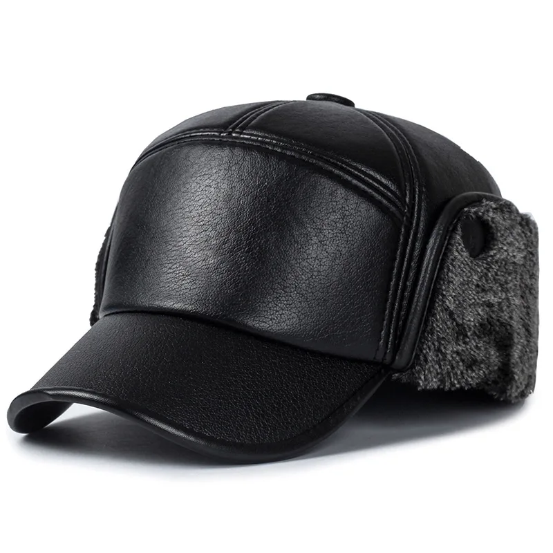 

Winter Warm Cap Men Black Leather Fur Baseball Cap Hats for Men Snapback Women Casquette Bones Dad Caps Gorras Earflaps Thicken