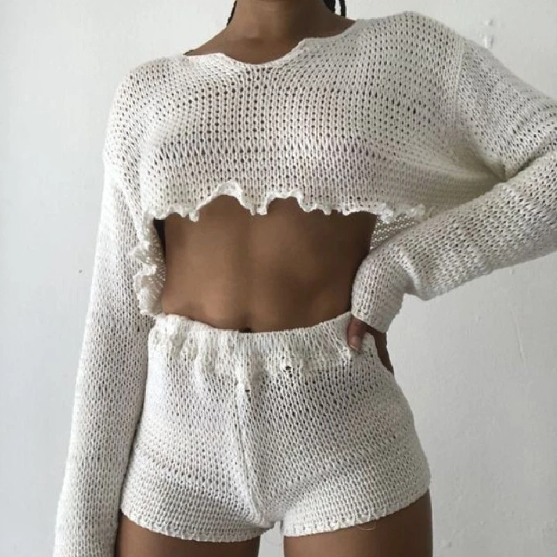 FUFUCAILLM Vintage Two-pieces Tracksuits Women's Summer Knitted Set Long Sleeve Crew Neck Top + Hollow Out Shorts Casual Outfits
FUFUCAILLM Vintage Two-pieces Tracksuits Women's Summer Knitted Set Long Sleeve Crew Neck Top + Hollow Out Shorts Casual Outfits
