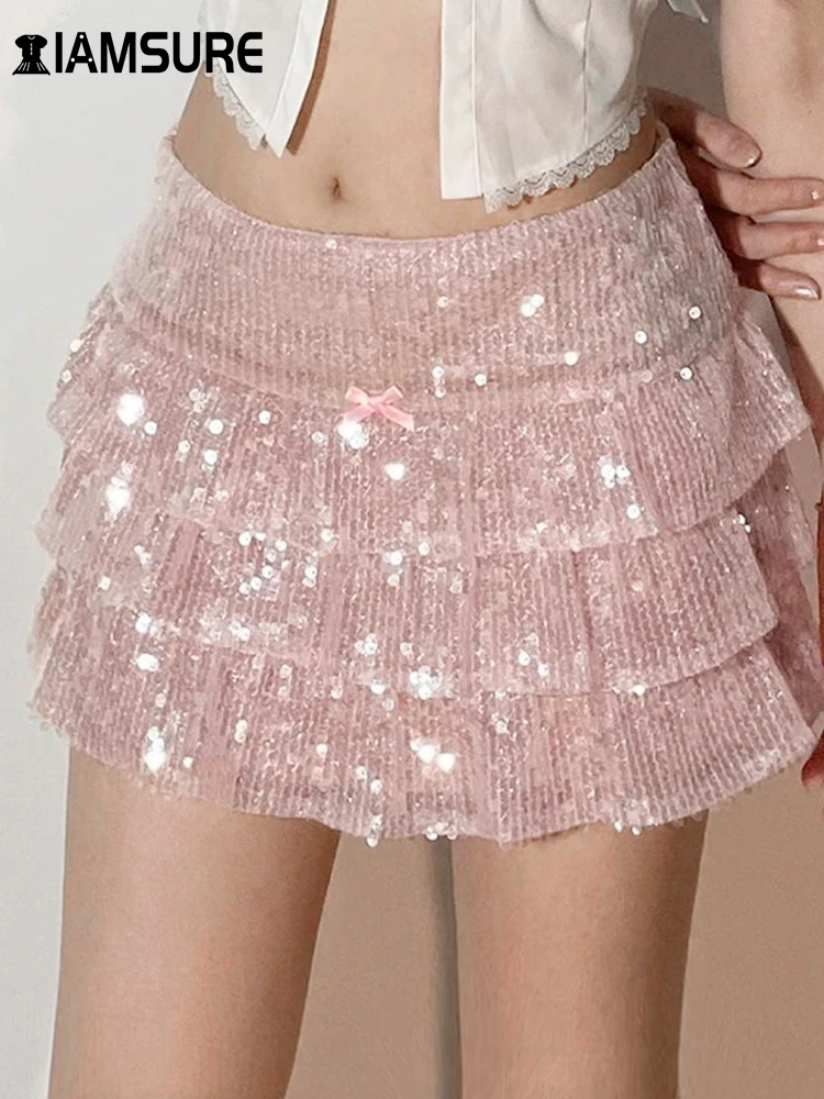 

IAMSURE Sweet Cute Sparkle Glitter A-Line Pleated Skirt Casual See Through High Waisted Mini Skirts Women 2023 Summer Fashion