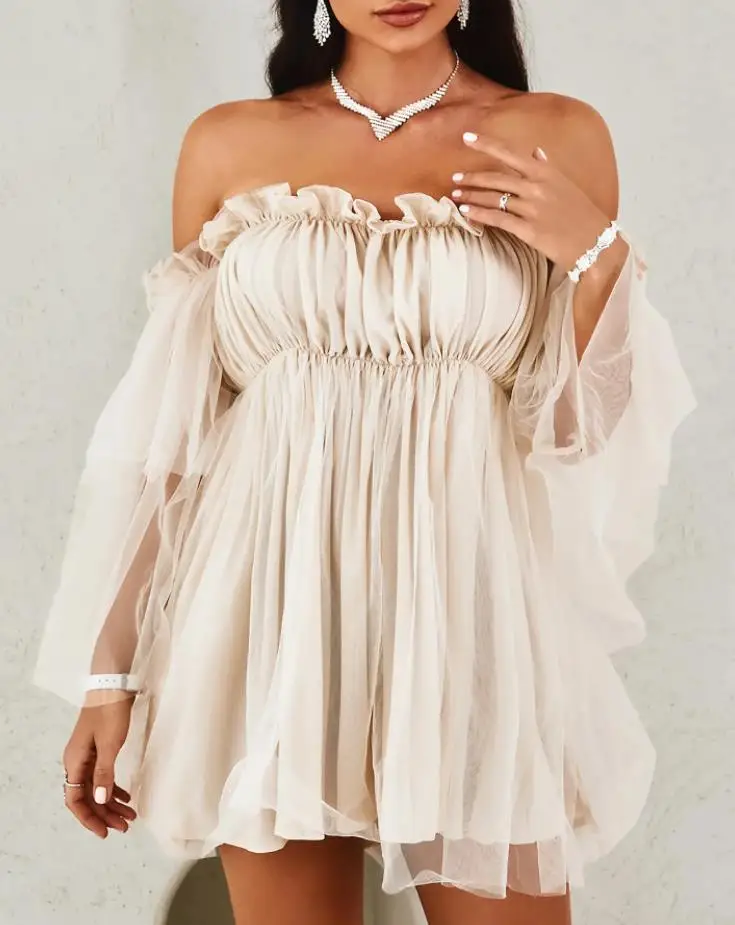 Summer Women's Dress Off Shoulder Frill Trim Sheer Mesh Swing Ruffle Loose Beach Dresses Slash Neck Mini Dress Party Vestido
Summer Women's Dress Off Shoulder Frill Trim Sheer Mesh Swing Ruffle Loose Beach Dresses Slash Neck Mini Dress Party Vestido