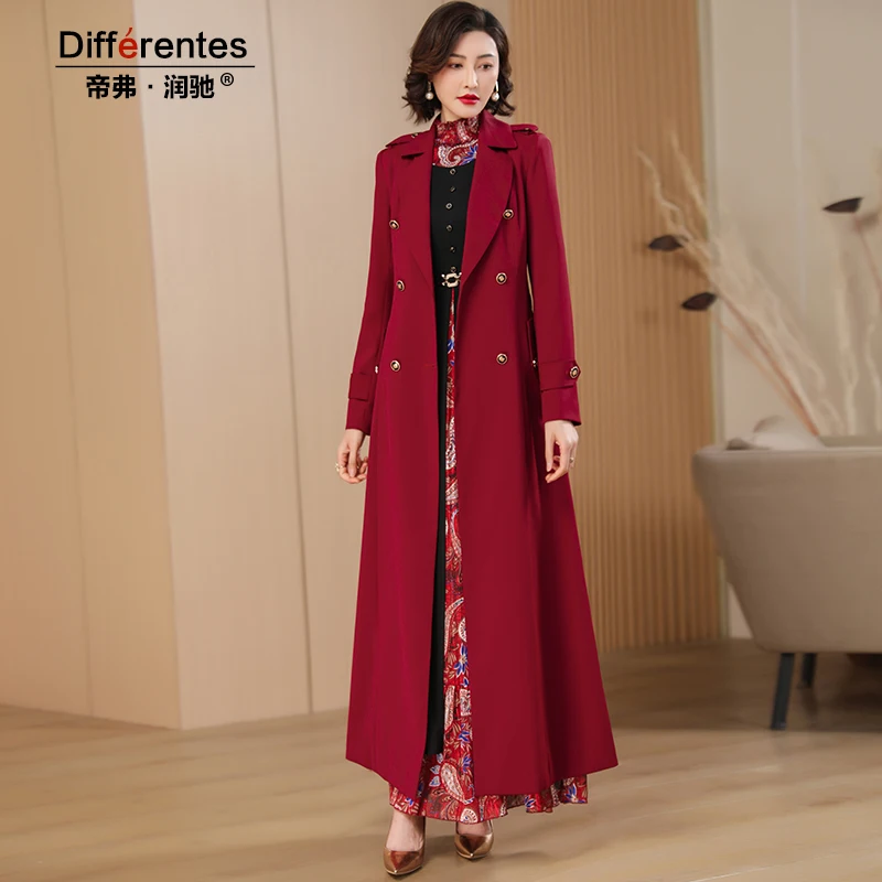 

New Trench Women Long Coat Red X-Long Jacket Double Breasted Turn-down Collar Outwear Office Lady Skirt Hem For Holidays