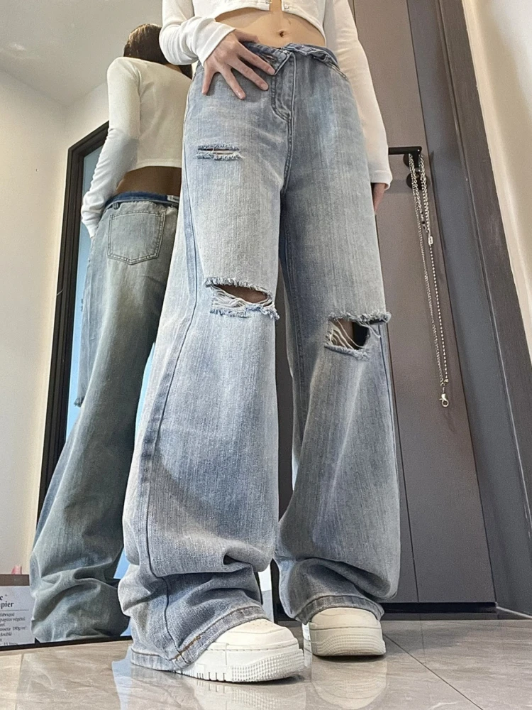 

Summer Bule Hiphop Vintage Jeans Women Pockets Y2k Korean Style Denim Pants Female High Waist Fashion Casual Straight Pants 2023