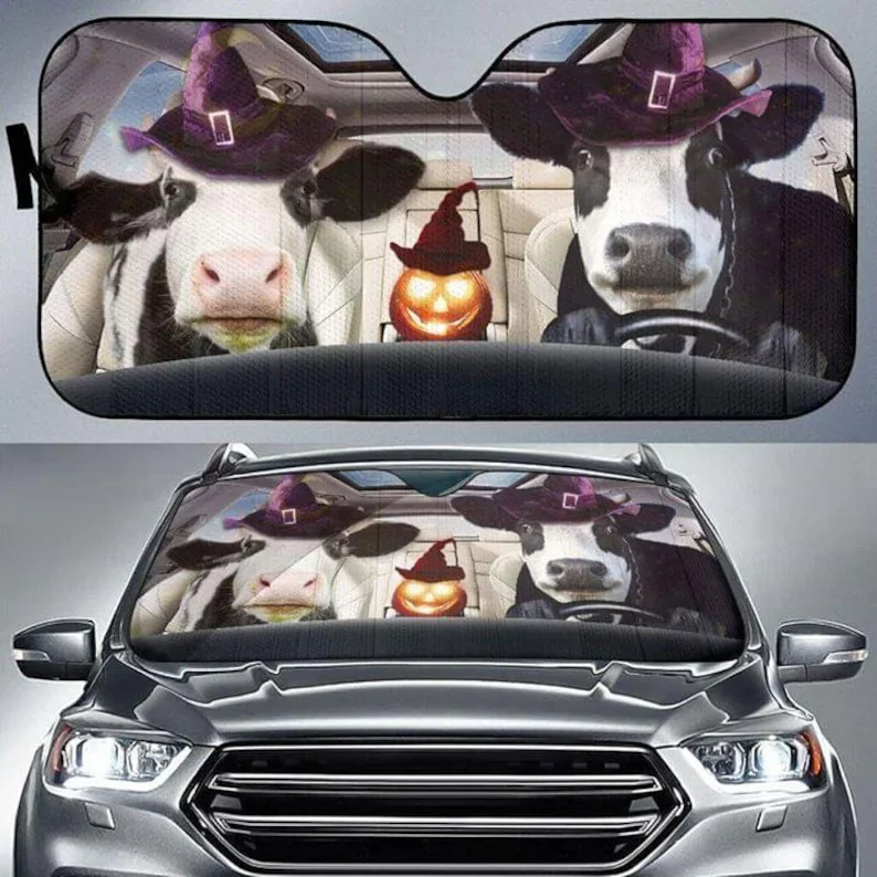

Couple Cow Wearing Witch Hats Halloween Car Sunshade Gift For Cow Lovers UV Block Windshield Car Sunshade