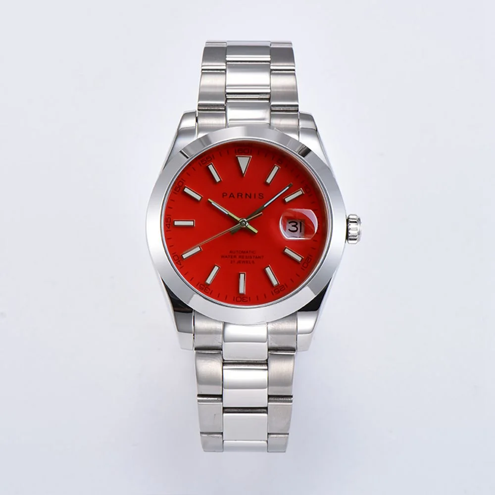 

Fashion Parnis 39.5mm Red Dial Men's Sapphire Watch Calendar Miyota 8215 Automatic Mechanical Men Wristwatch relogios masculino