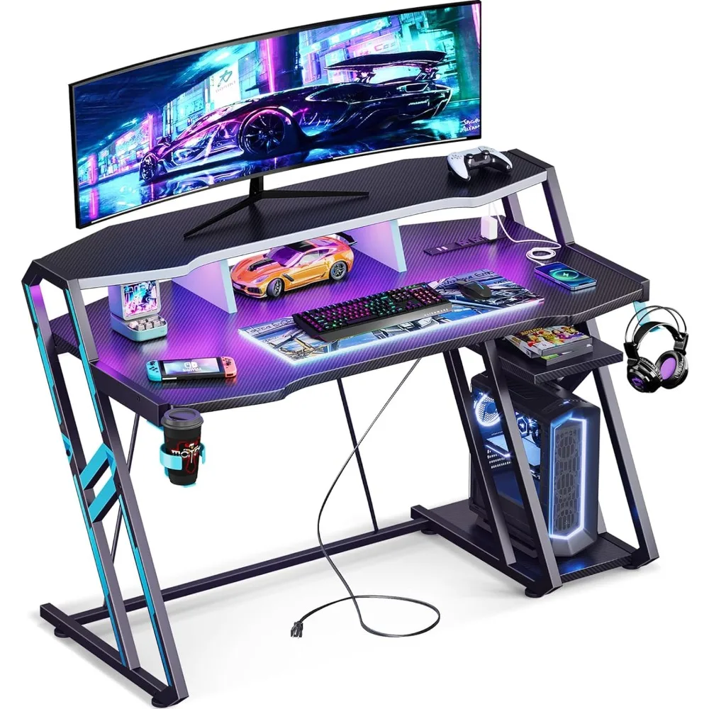 Gaming Desk with Power Outlet & LED Lights, 47inch with PC Storage Shelf, Gaming Table with Carbon Fiber Texture,
Gaming Desk with Power Outlet & LED Lights, 47inch with PC Storage Shelf, Gaming Table with Carbon Fiber Texture,